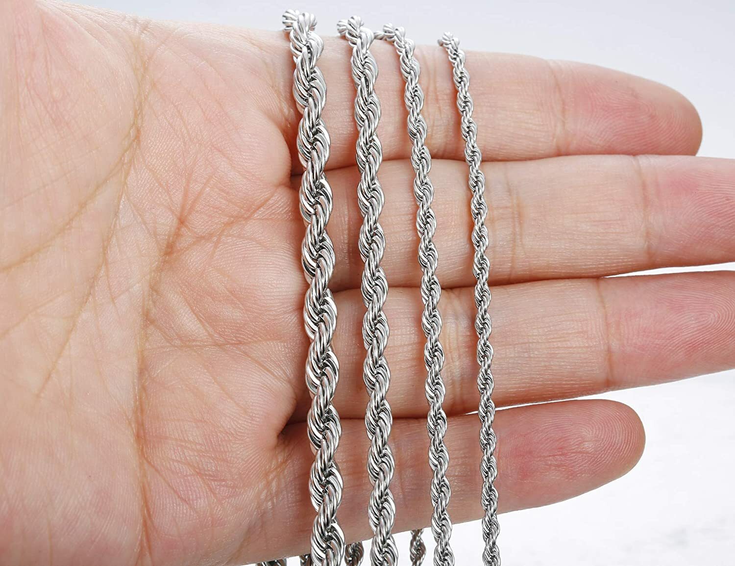 Stainless Steel Silver Rope Chain Bracelet Necklace Men Women 2mm, 3mm, 4mm, 5mm