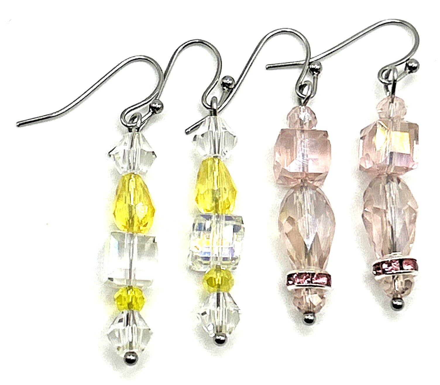 2 Pair Set: Glass Beaded Dangle Drop Earrings- YELLOW & PINK w Stainless Hooks