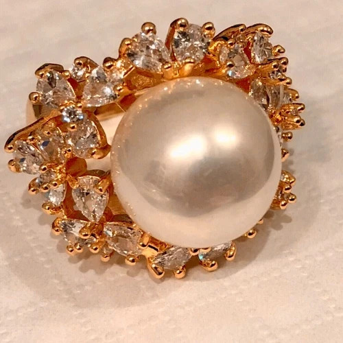 18k Rose Gold Plated 14mm Pearl Ring made Simulated Diamond Bridal Jewelry