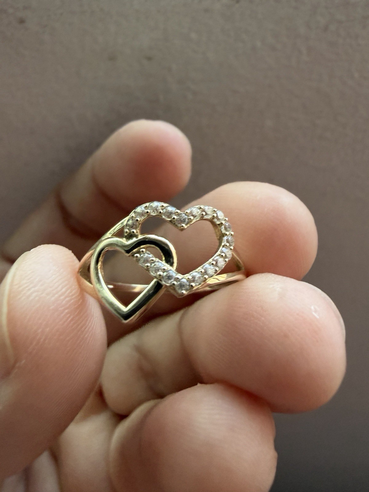 10K Yellow Gold Double Heart White Diamond Accent Band Ring Size 7 Signed