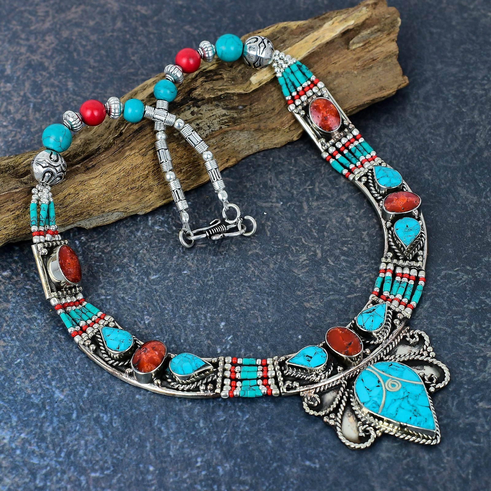 Turquoise Gemstone Handmade 925 Sterling Silver Tribal Nepali Jewelry Necklace