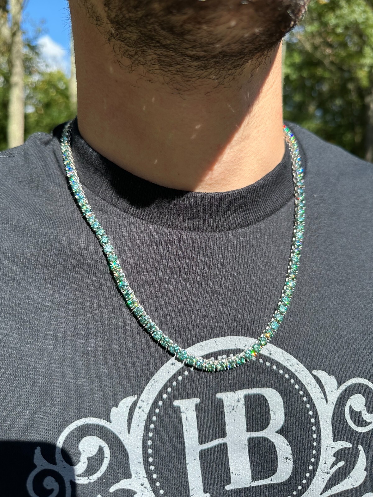 Blue Green MOISSANITE 5mm Tennis Chain 925 Silver Iced Necklace Passes Tester