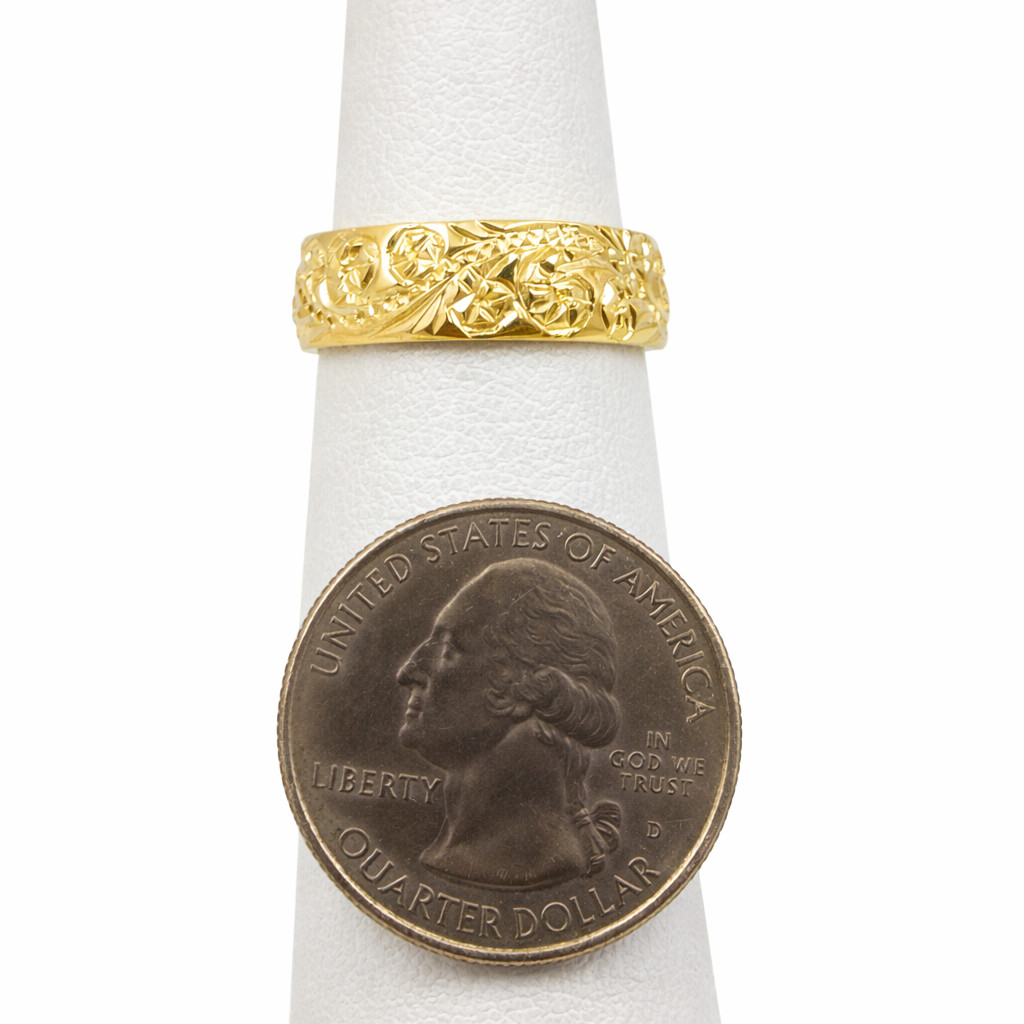 Solid 14K Women’s Yellow Gold Hand Engraved Hawaiian Scroll Ring 6mm Gold Band