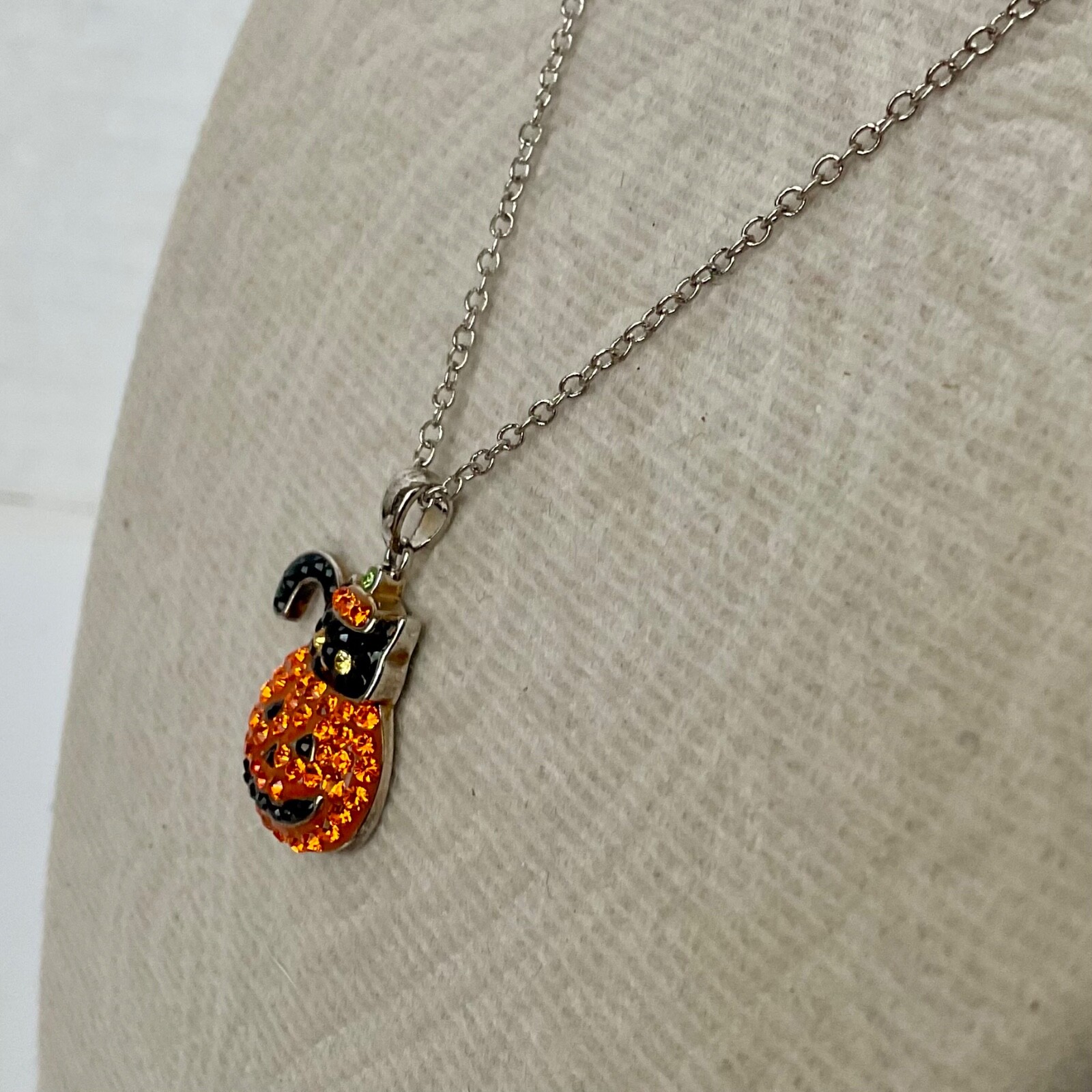 Halloween Black Cat & Pumpkin Necklace Pave Rhinestones Silver Tone 18” Chain