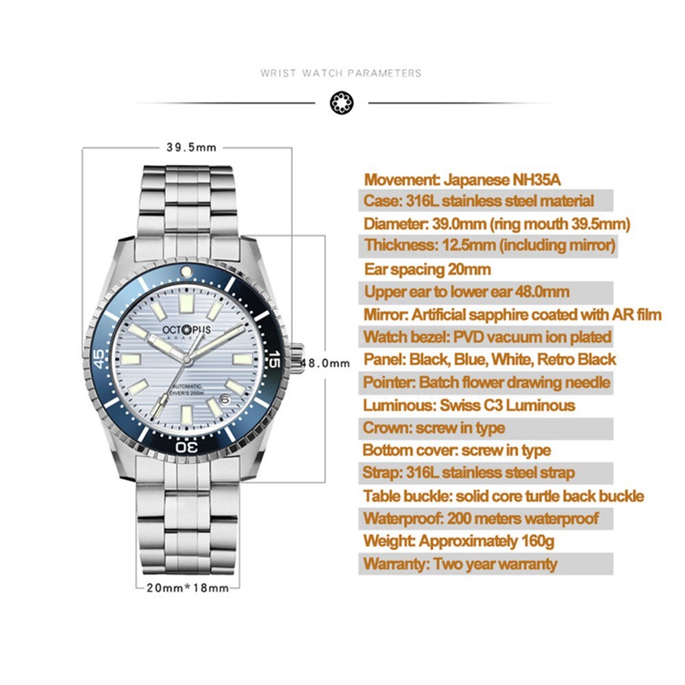 OCTOPUS KRAKEN NH35 Automatic Men Watch 200M Diver C3 39.5mm 316L 660FT 007 V2