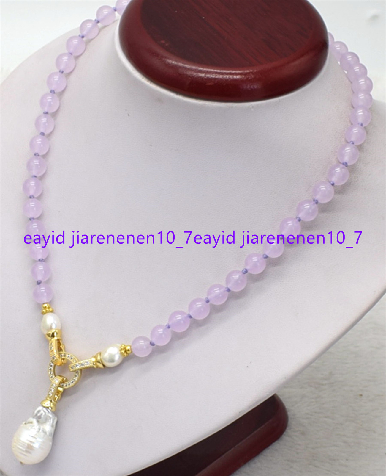 10mm Lavender Jade Round Beads & White Baroque Pearl Pendant Necklace 16-28 in