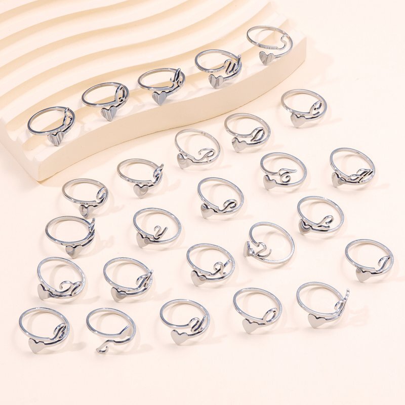 Stainless Steel 26 A-Z Initial Letters Heart Ring Adjustable Jewerly Women Gift