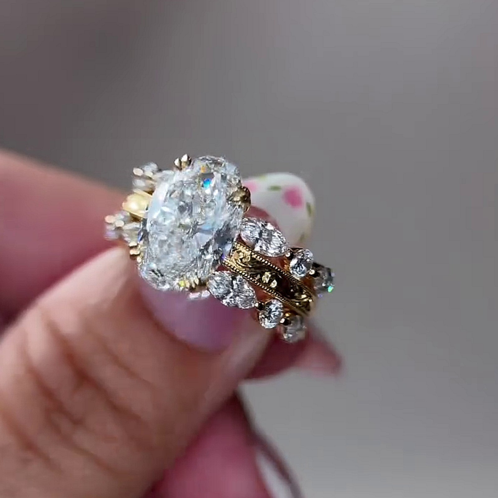 5.29CTW Oval Cut Moissanite Enhance Set Engagement Ring 14K Yellow Gold Plated