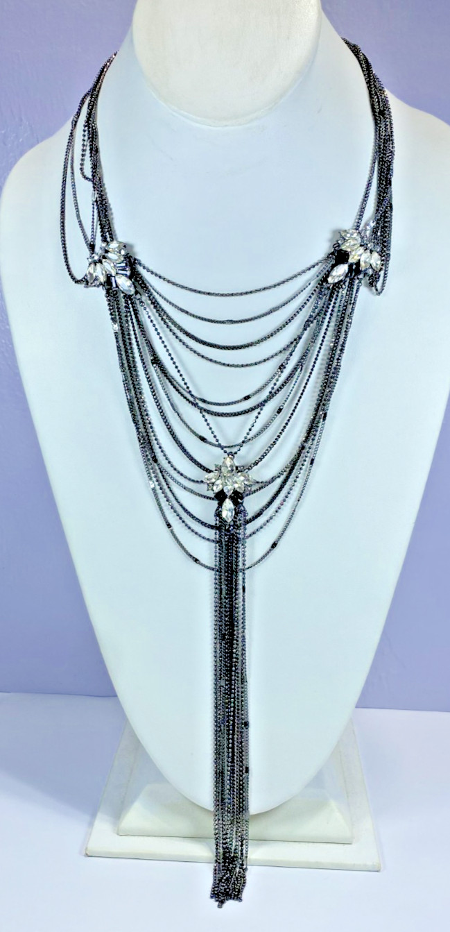 ABS by Allen Schwartz Crystal Hematite Tone Tassel Necklace, 17″ + 3″ ext, New