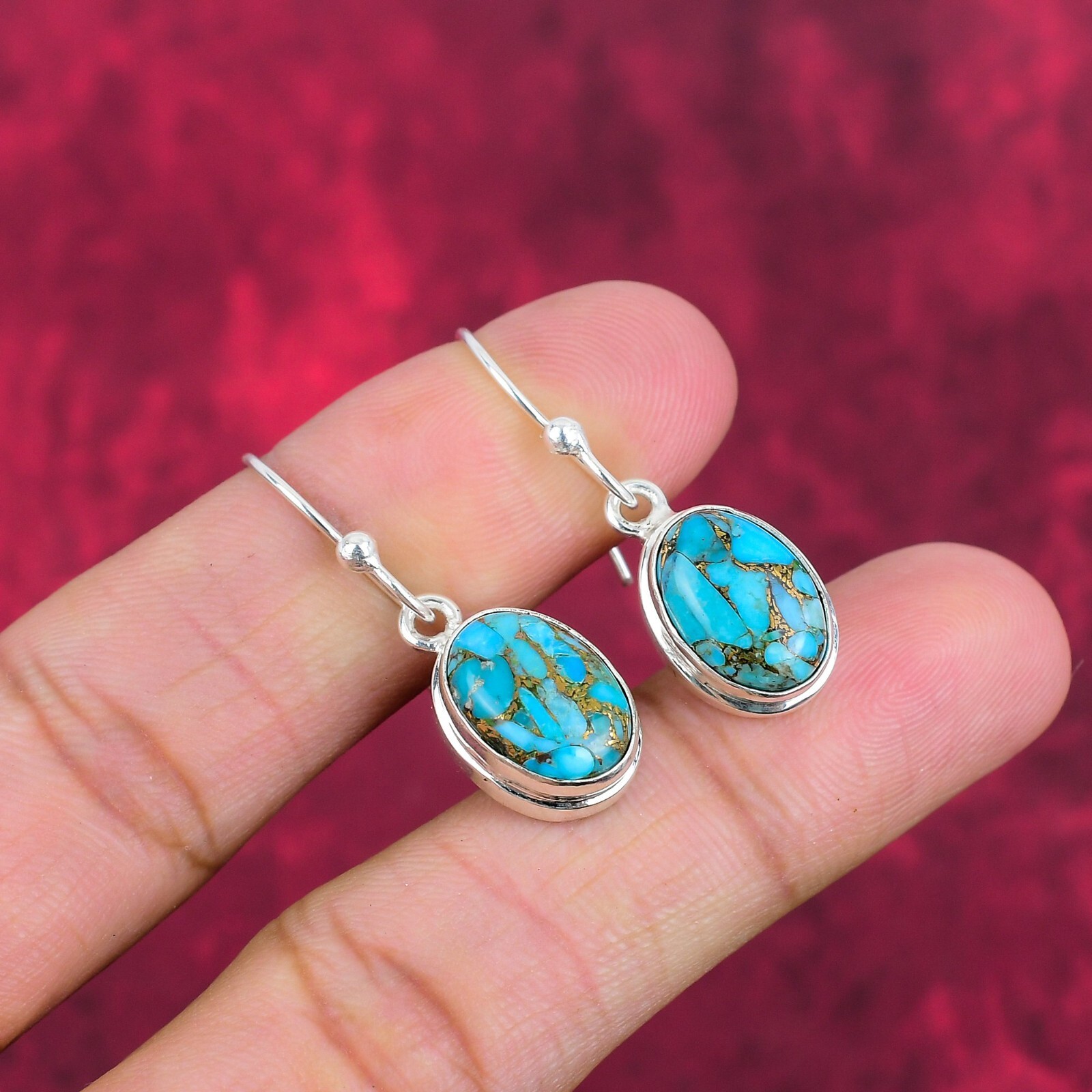 Blue Copper Turquoise Gemstone Handmade 925 Sterling Silver Earrings Jewelry