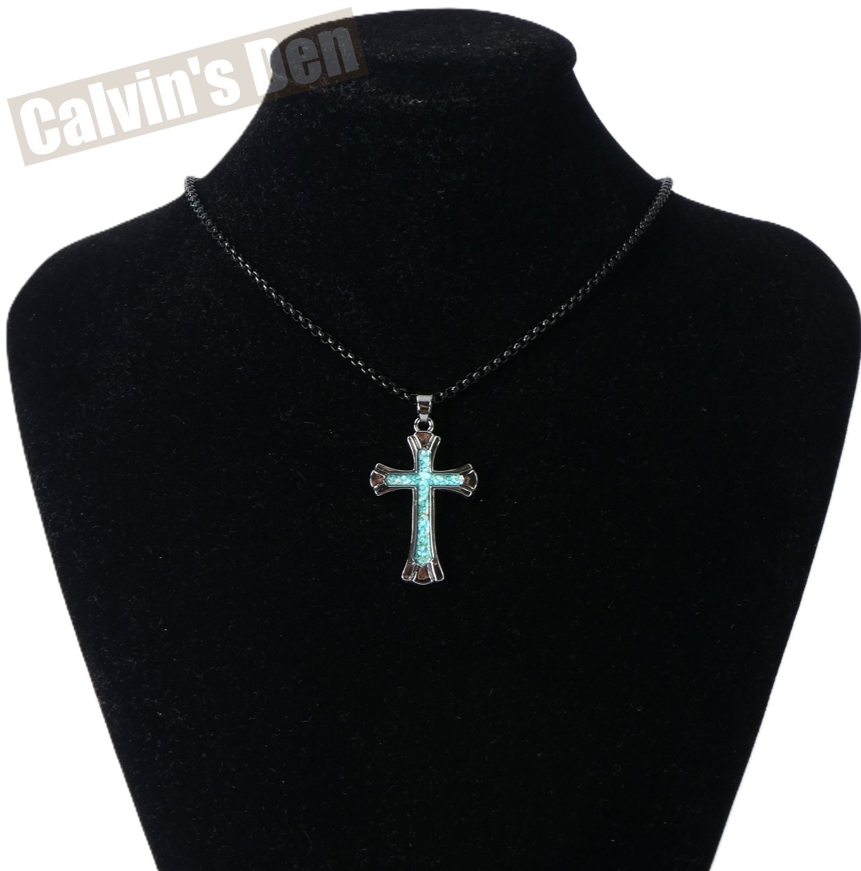 Turquoise Chip Inlay Flared Cross Pendant Necklace Classic