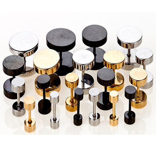 Black/Silver Mens Barbell Punk Gothic Stainless Steel Ear Studs Earrings 3-14mm