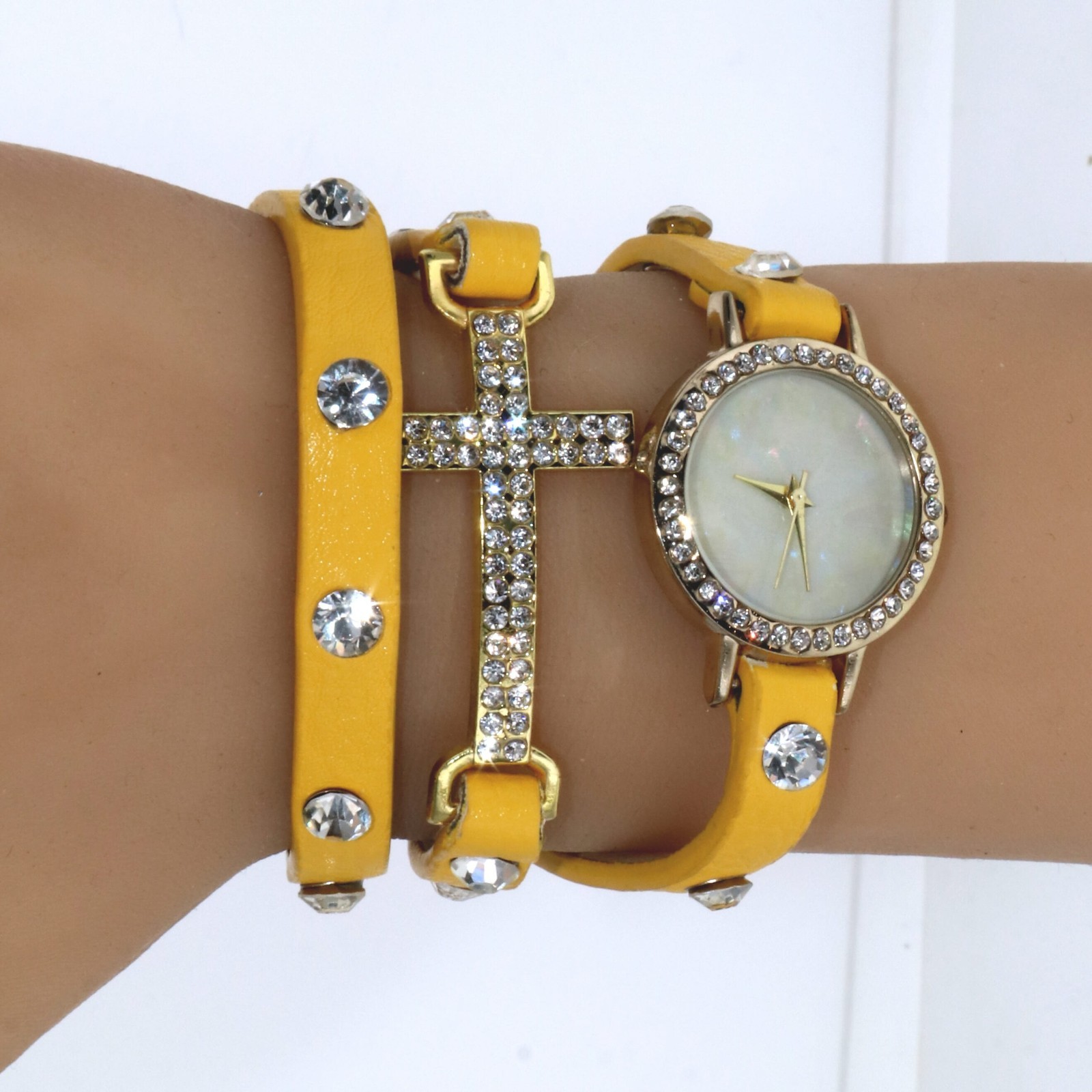 Women Genuine Leather Band Rap Around Rhinestone Bezel Luxury Watch & Cross