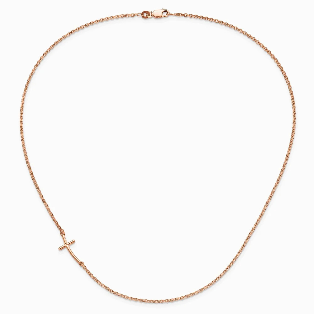 Sterling Silver Rose Gold-Plated Small Off-Set Sideways Curved Cross Necklace