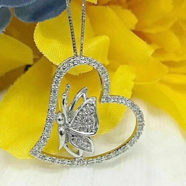 2.50Ct Round Cut Real Moissanite Heart Butterfly Pendant 14K White Gold Plated