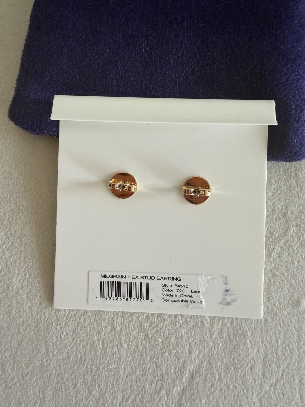 Tory Burch Stud Earrings Milgrain Hex design Gold Tone