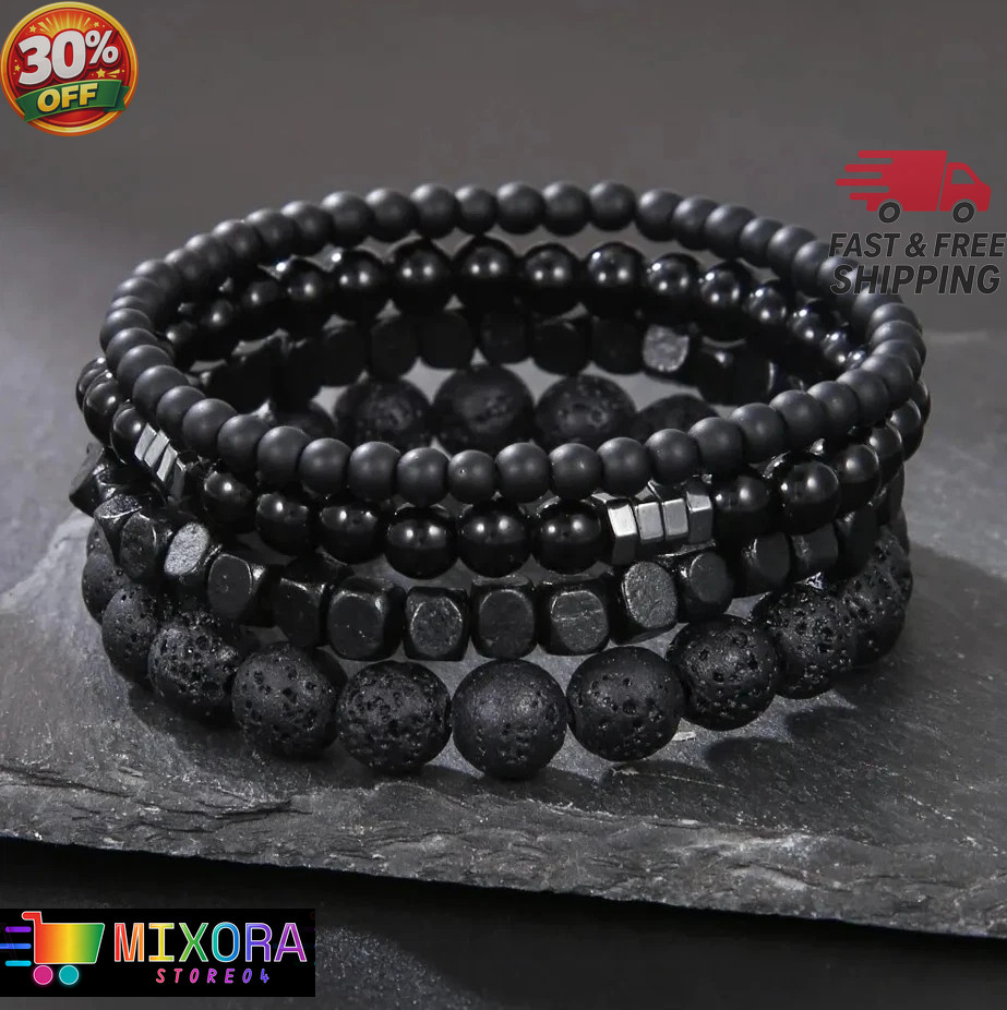 4pcs Black Stone & Wood Bead Elastic Bracelet Set for Men Women NEW