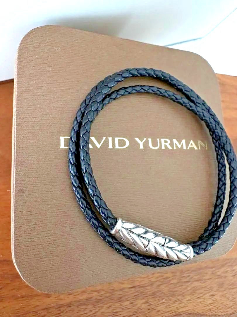 David Yurman Chevron Wrap Bracelet Black Leather Sterling Silver 3mm Box Receipt