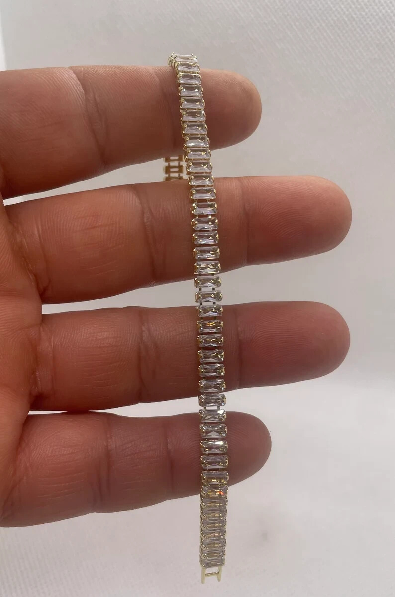 14k yellow gold plated tennis bracelet baguette cut simulated diamonds 7” long