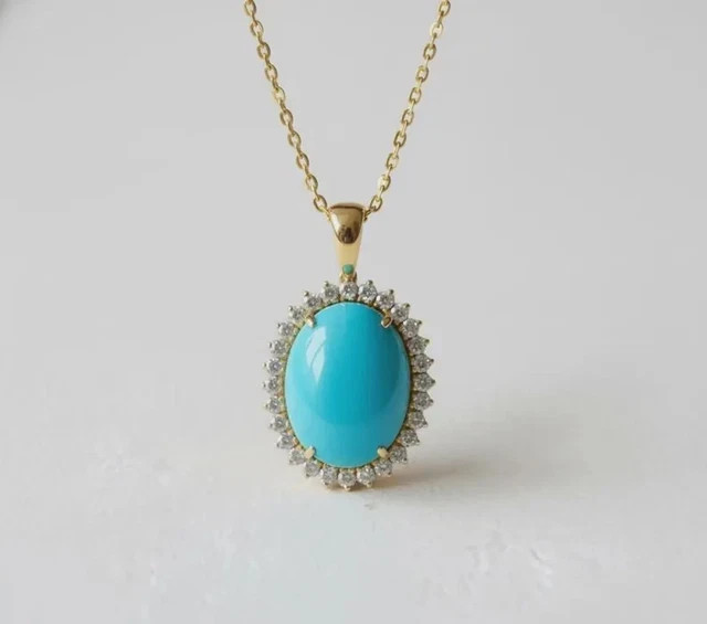 Oval Cut Lab Created Turquoise Womens Pendant 14K Yellow Gold Plated with Chain
