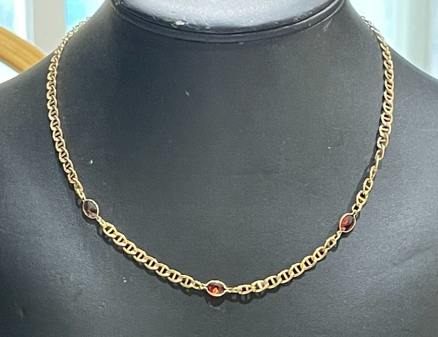 Vtg 1/30 14K Gold Over Sterling Mariner Link Red Glass Station Necklace 17.5″
