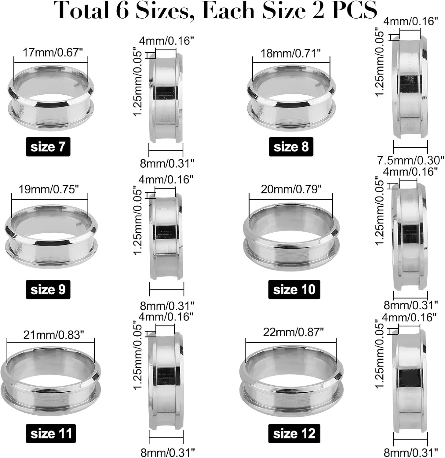 24 pcs Stainless Steel Blank Core Ring Settings 6 Sizes Finger Ring Blanks Round