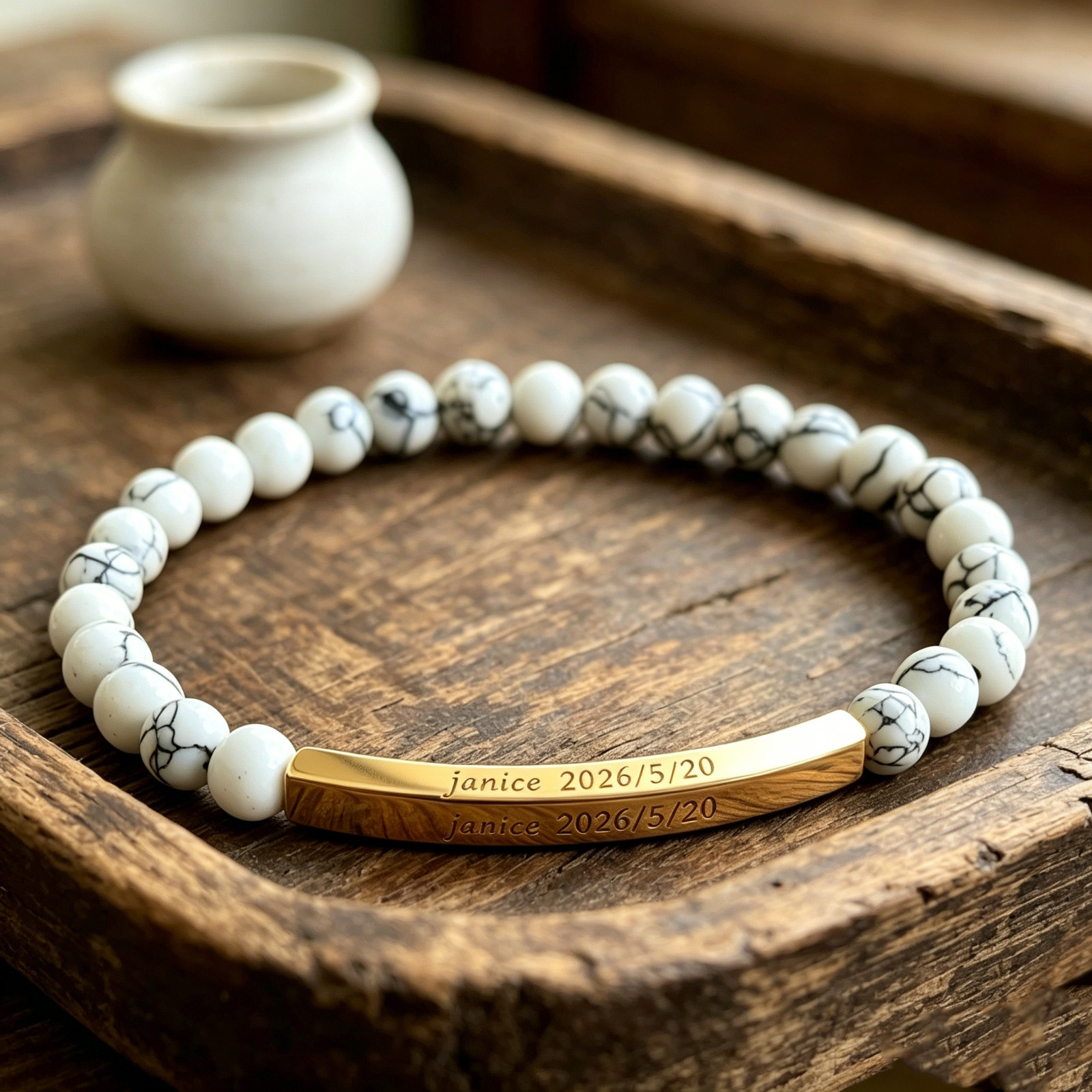Custom Engraved Howlite Bracelet Personalized Name Date Custom Memorial Bracelet
