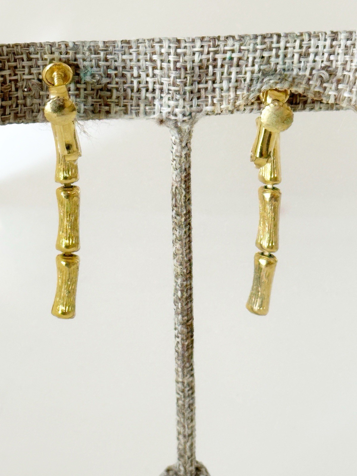 Vintage Gold Tone Bamboo Dangle Earrings Screw Back Clip Asian Mid Century 1.75″