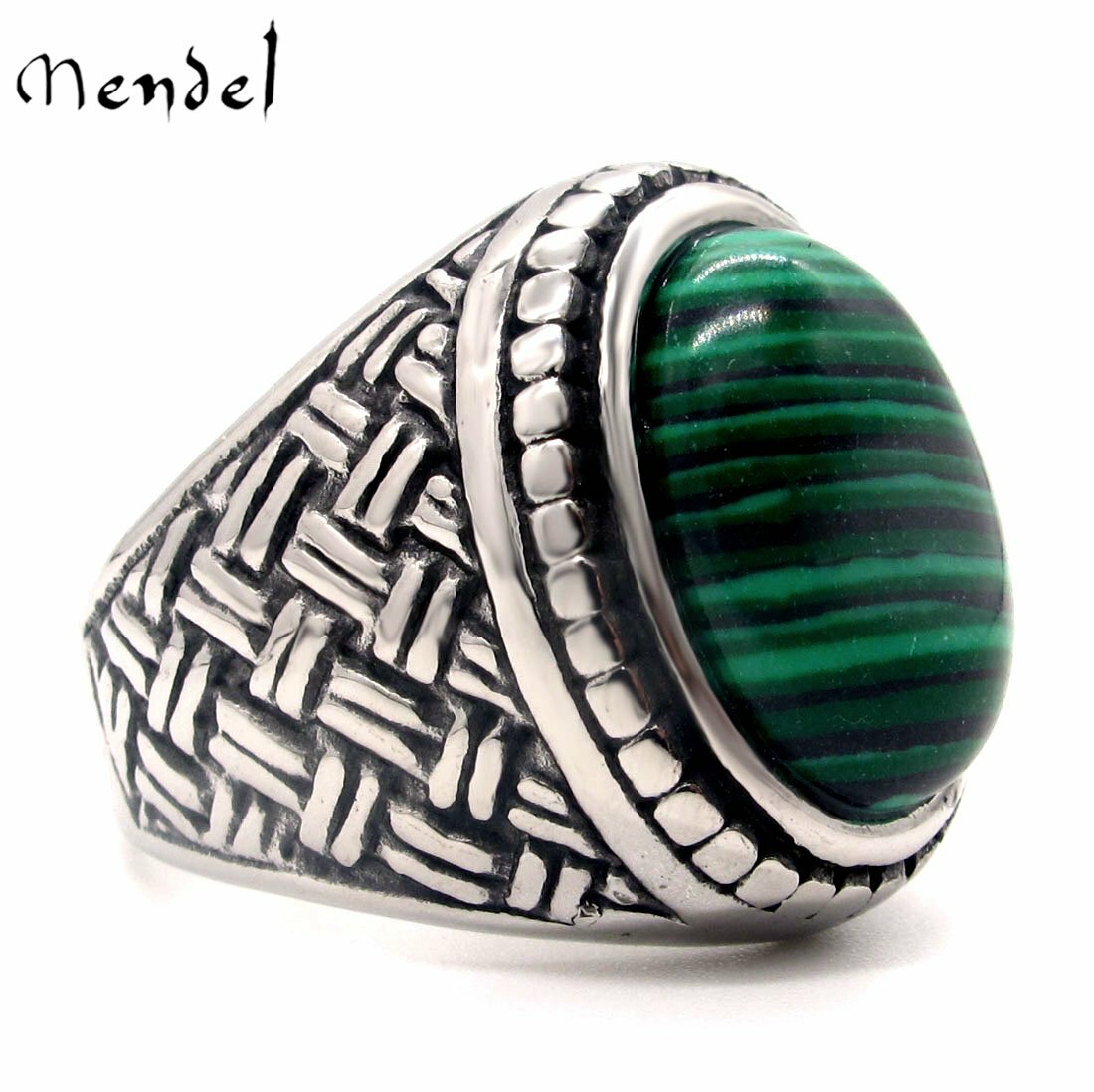 MENDEL Mens Stainless Steel Braided Faux Green Malachite Stone Ring Size 7 8-15