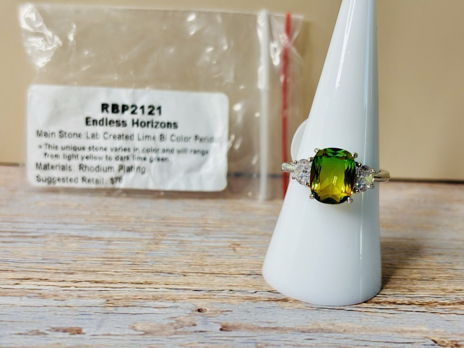 NWT RBP2121 Endless Horizons Lime Bi Paridot On Rhodium Plated Band Ring Size 8