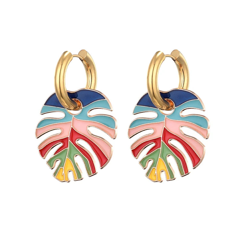 Colorful Big Leaf Pendant Gold Color Stainless Steel Earrings For Women
