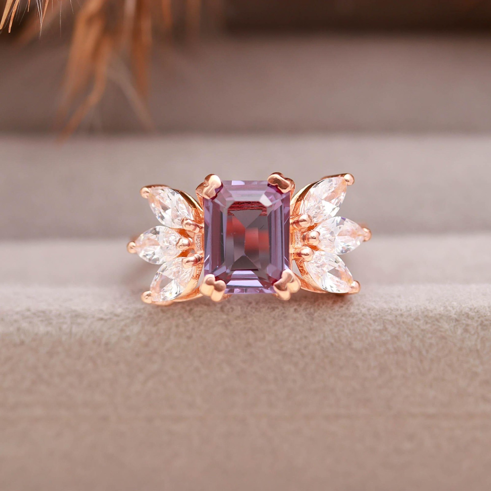 Color Changing Alexandrite Octagon Ring Rose Gold Plated Solid Silver Jewelry