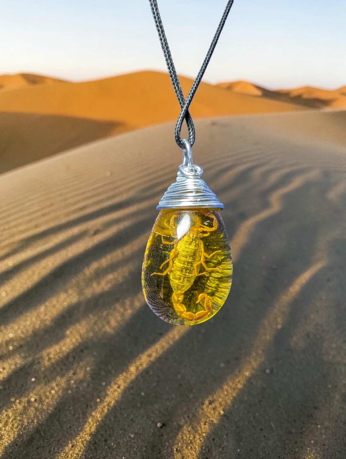 Resin Teardrop Scorpion Charm Pendant Wire Wrapped And Handmade Silver Cord
