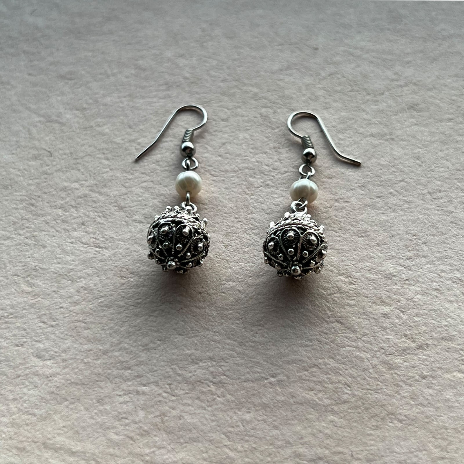 Traditional Croatian Handmade Drop Earrings Šibenik Buttons With White Pearls