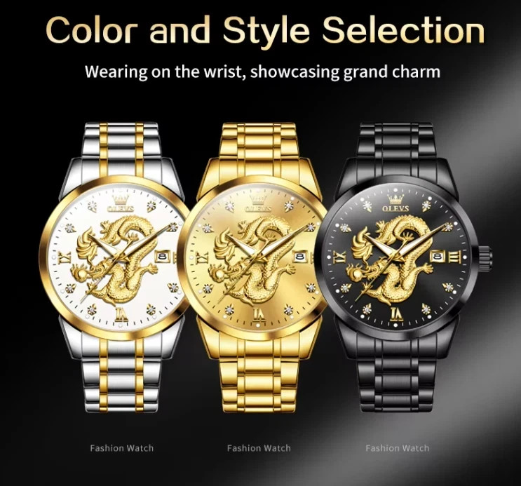 OLEVS Gold Dragon Men’s Quartz Watch Luminous Waterproof Date Wristwatch