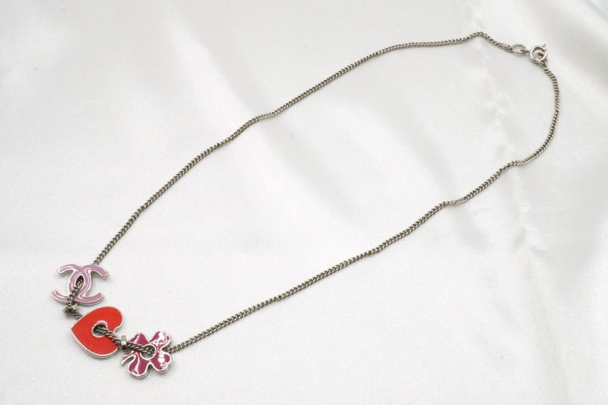 CHANEL 04P Necklace Coco Mark Heart Clover Accessory Silver Pink Red 7151j