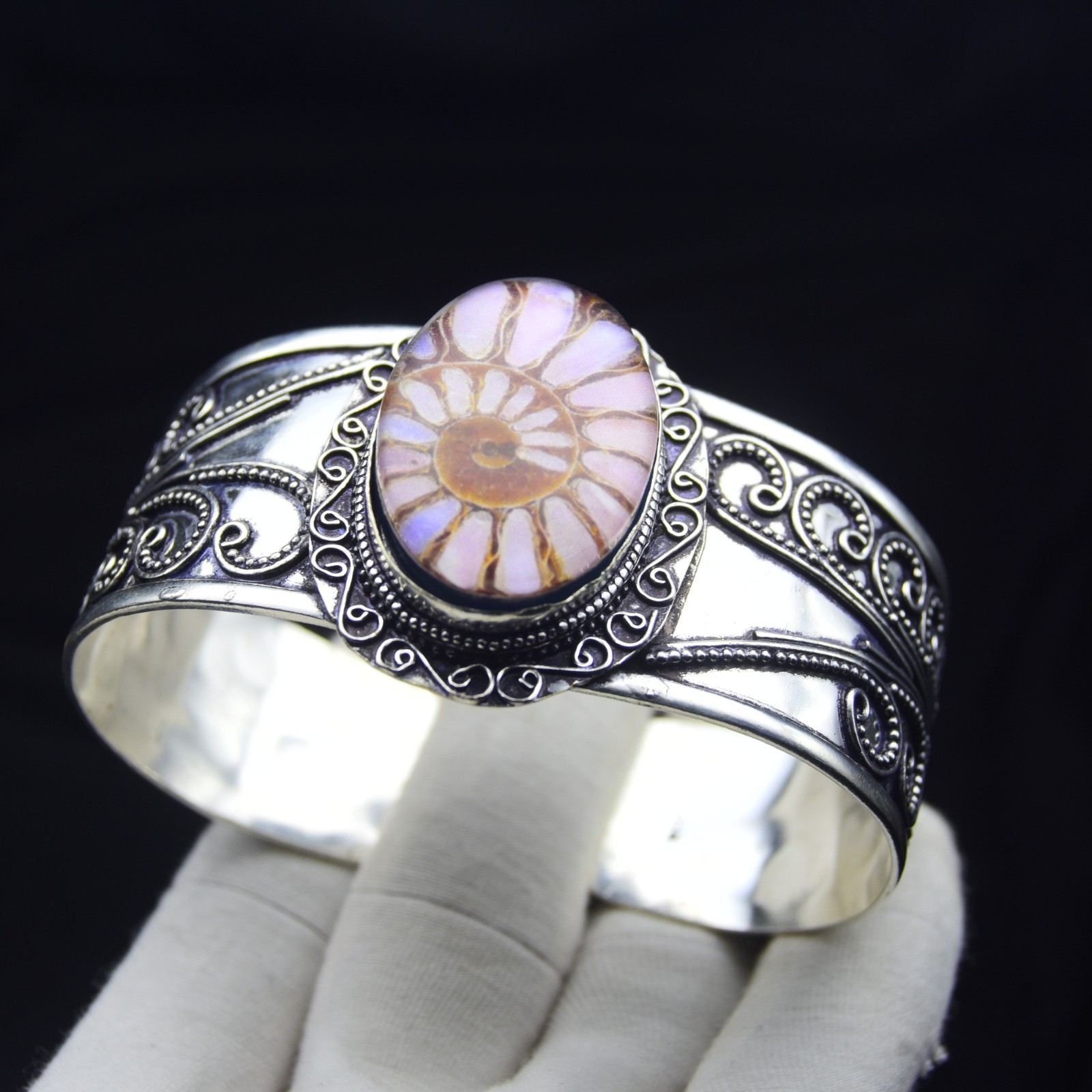 Ammonite Fossil Gemstone Cuff Bracelet 925 Sterling Silver Jewelry Size-ADJ