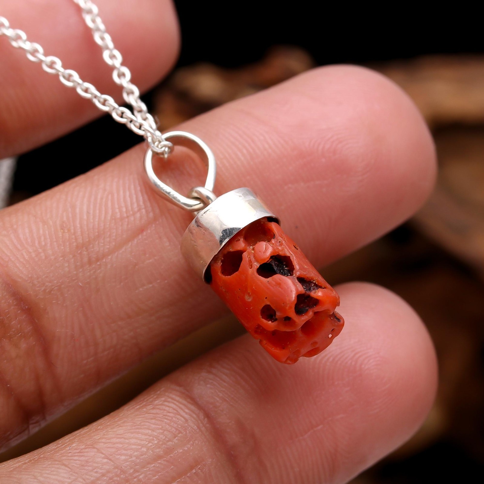 Natural Italian Red Coral Rough Chain Necklace Solid Silver Jewelry Gift For Her
