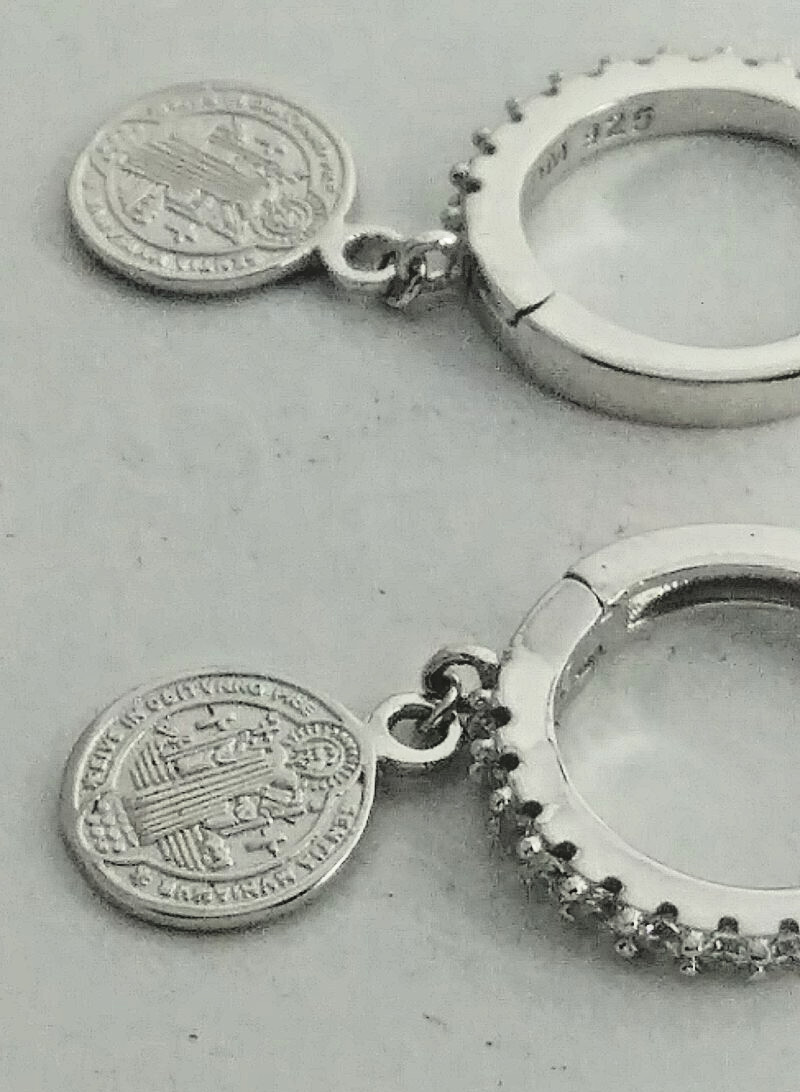 925 STERLING SILVER Rhodium Plated SAINT BENEDICT MEDAL Earrings 22x13MM