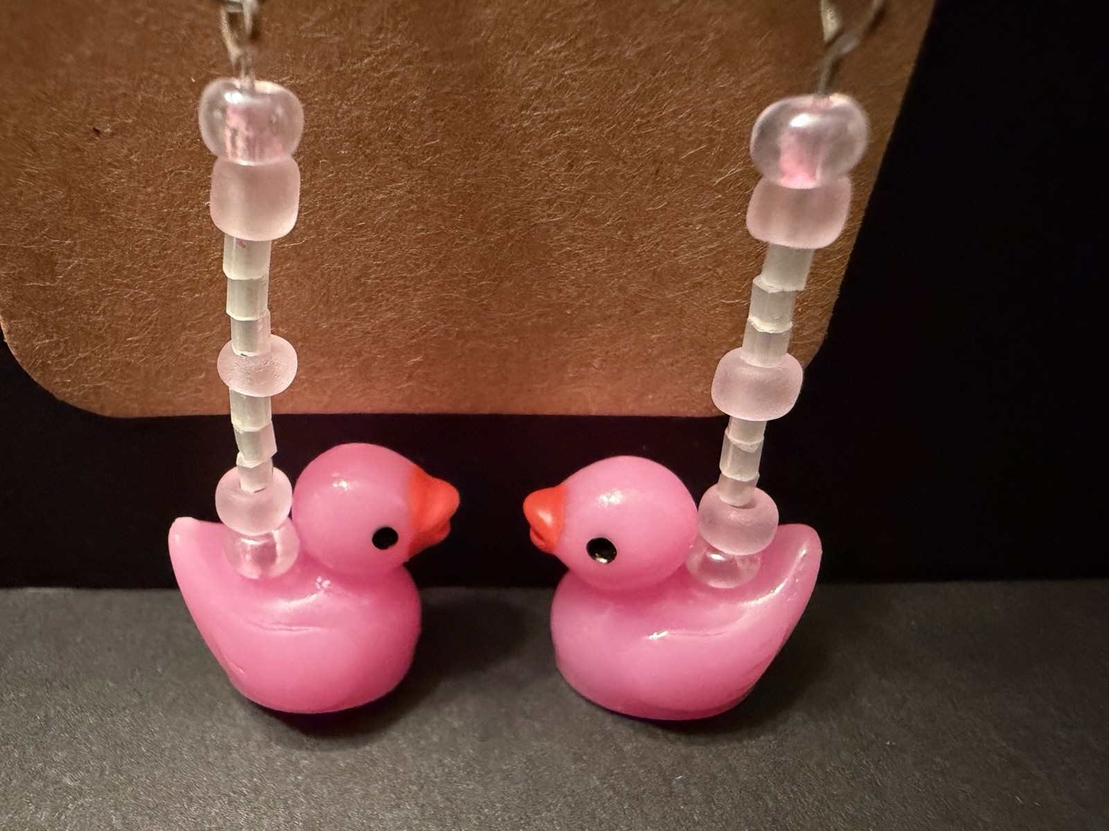 Handmade ooak pink dangle drop duck earrings with pink and white frosted beads