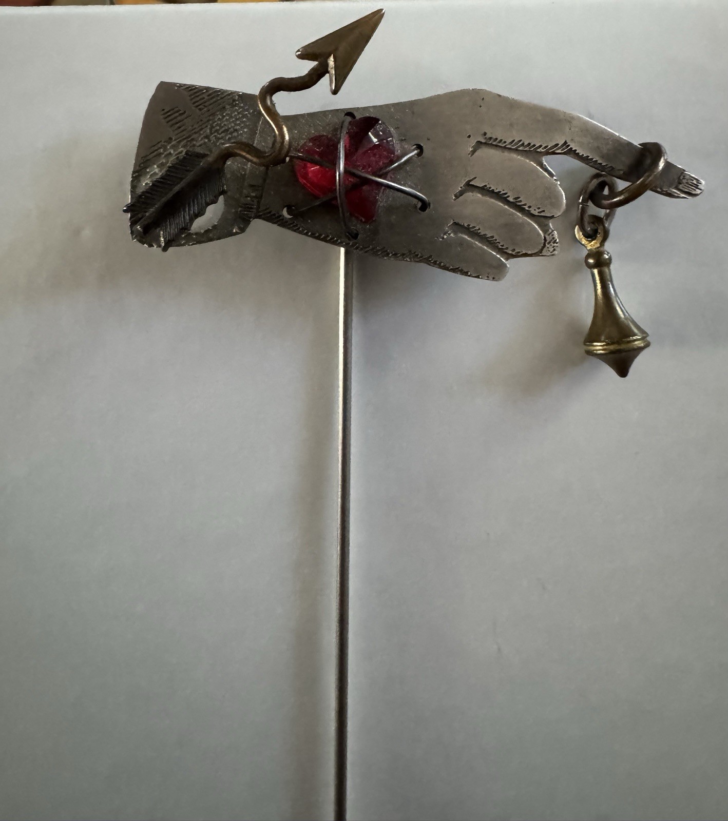 Vintage Thomas Mann Hand Heart Mixed Metal Stick Pin Brooch