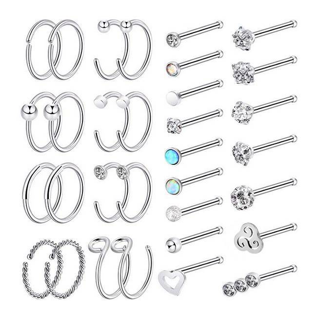 32PCS/LOT Nose Hoop & L/Bone/Screw Shaped Nose Studs Ear Lip Ring Piercing 20G