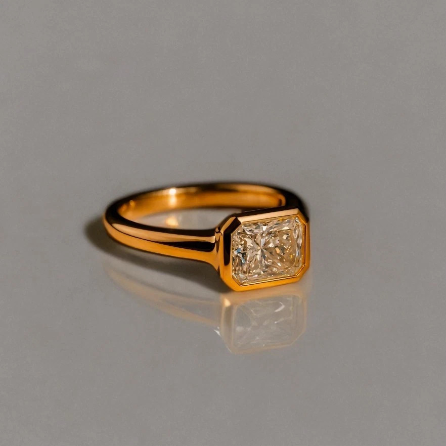 2CT Emerald Cut Moissanite Bezel Set 14k Yellow Gold Plated Engagement Ring