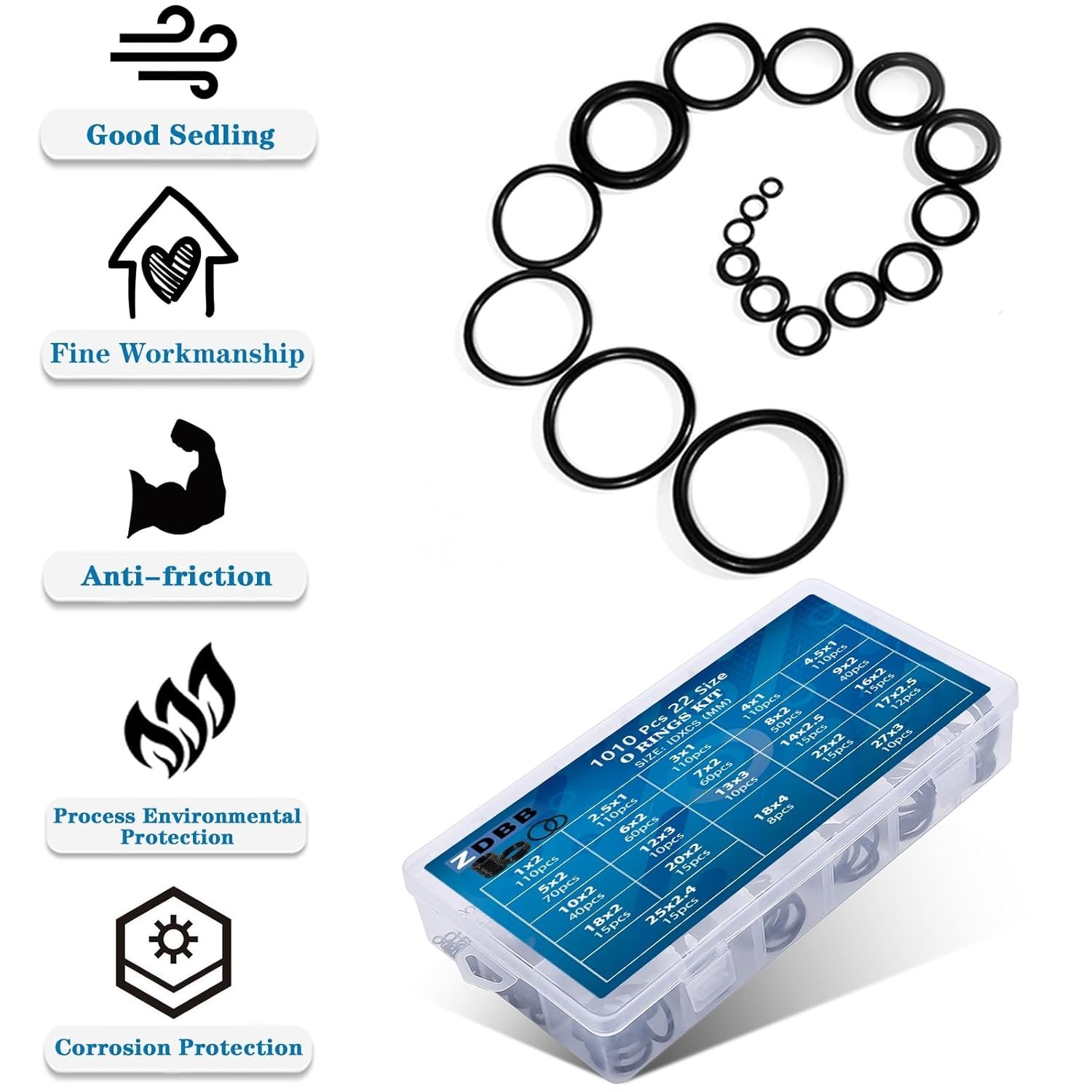 Universal 1010-Pc O-Ring Set in Nitrile Rubber – 22 Sizes for All Applications
