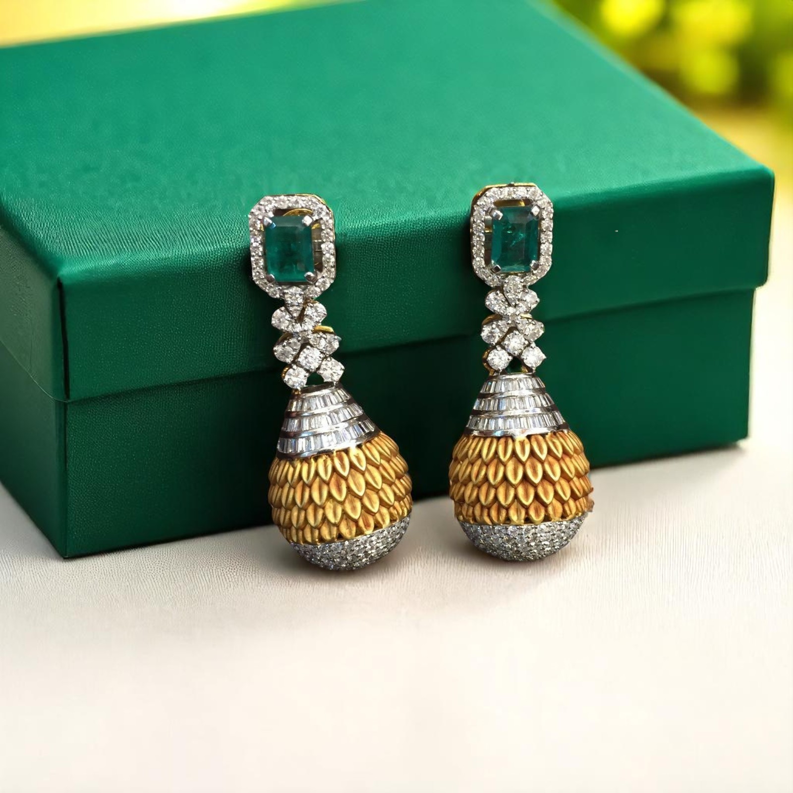 Elegant 6.30 Cts Round Baguette Shape Diamond Emerald Dangle Earrings 14K Gold