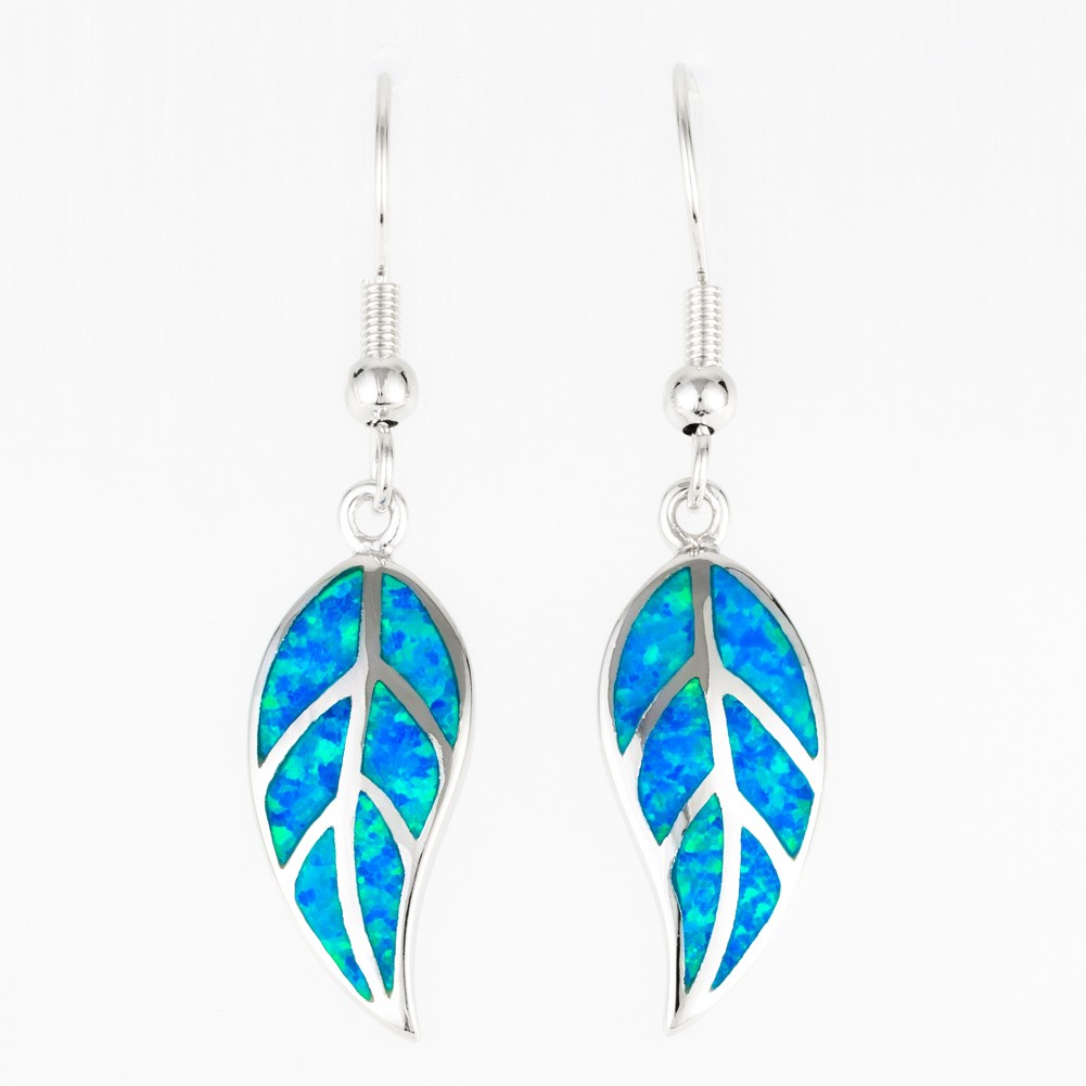 Nature Leaf Shape Ocean Blue Fire Opal Silver Jewelry Dangle Drop Earrings