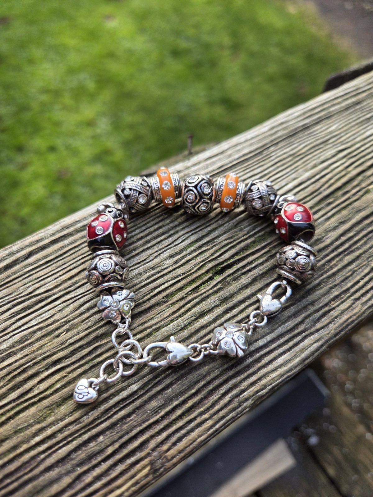 Brighton Ladybug Shamrock Charm Bracelet Bead Silver Tone Heart Clover Rare