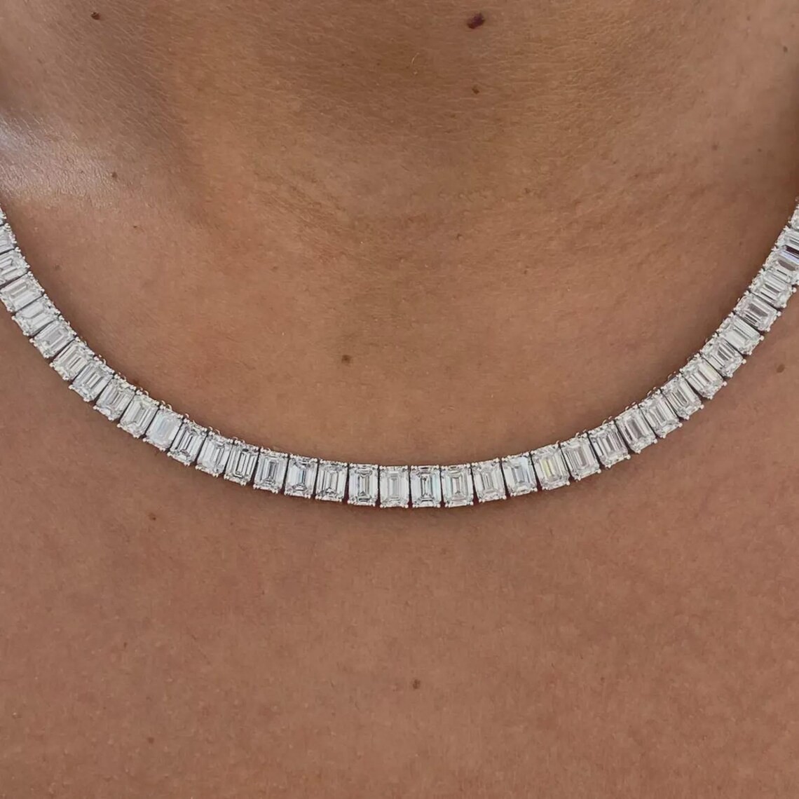 Emerald Cut 33.00 Ct 100% created Diamond Tennis Necklace Hallmarked 925