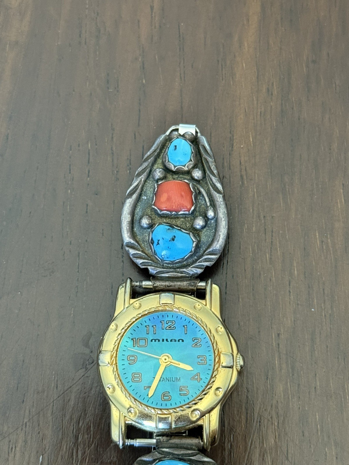 Authentic Vintage Navajo style sterling silver turquoise and coral stone watch