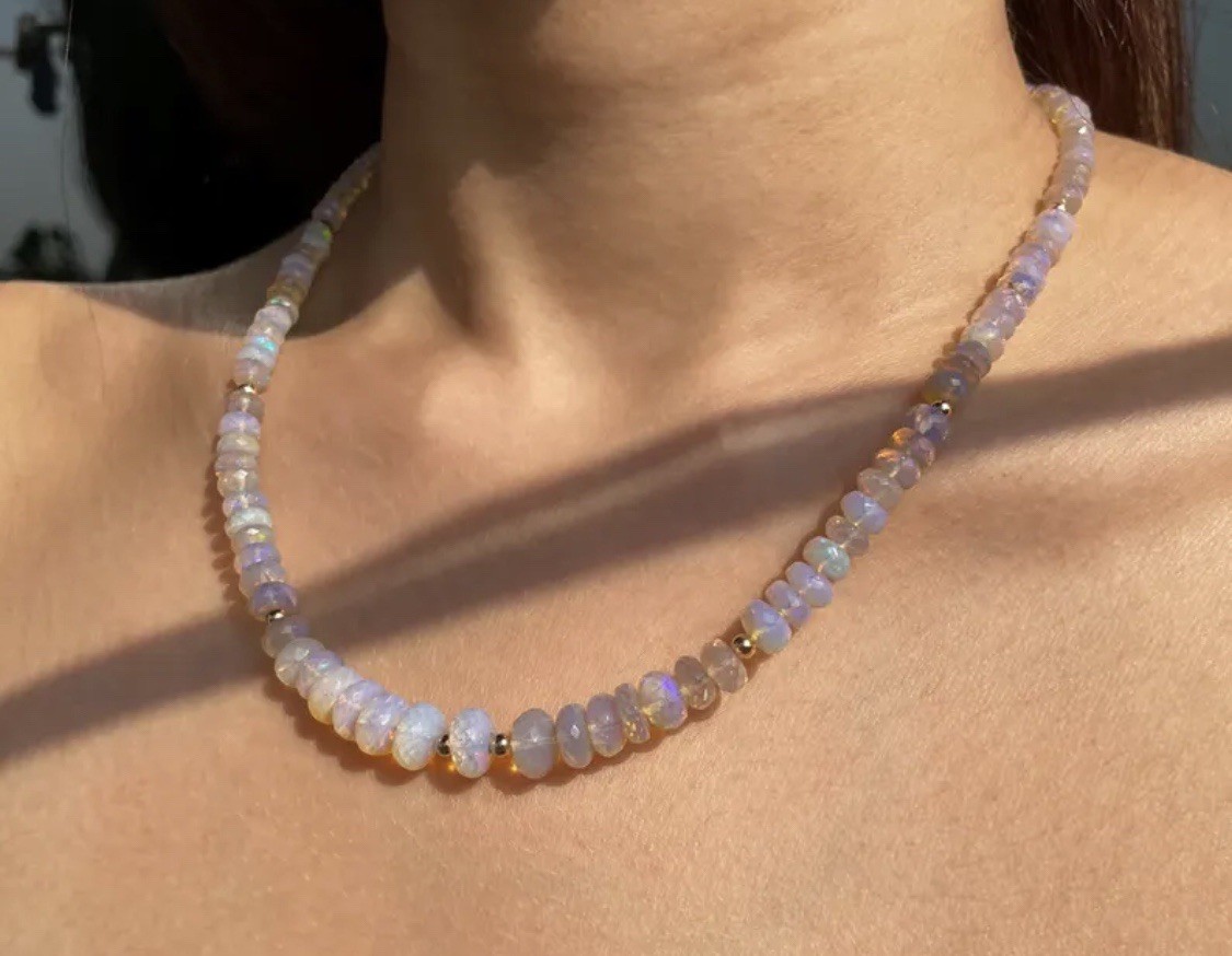 Genuine Opal Beaded Necklace with 9K Solid Gold Beads